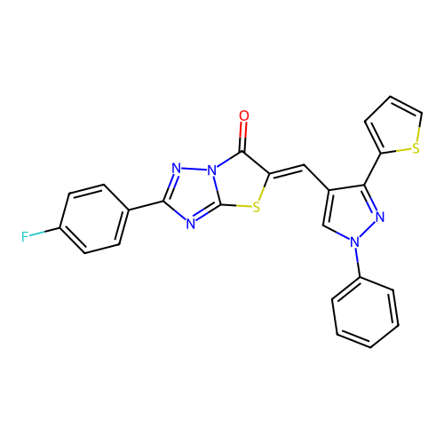 (5Z)-2-(4-fluorophenyl)-5-[(1-phenyl-3-thien-2-yl-1H-pyrazol-4-yl)methylene][1,3]thiazolo[3,2-b][1,2,4]triazol-6(5H)-one structure