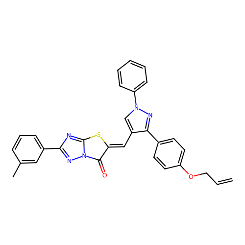 (5Z)-2-(3-methylphenyl)-5-({1-phenyl-3-[4-(prop-2-en-1-yloxy)phenyl]-1H-pyrazol-4-yl}methylidene)[1,3]thiazolo[3,2-b][1,2,4]triazol-6(5H)-one structure
