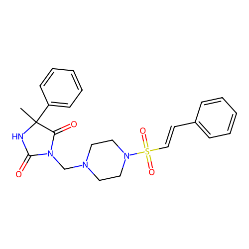 5-methyl-5-phenyl-3-[[4-[(E)-2-phenylethenyl]sulfonylpiperazin-1-yl]methyl]imidazolidine-2,4-dione structure