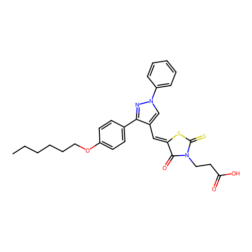 3-[(5Z)-5-({3-[4-(hexyloxy)phenyl]-1-phenyl-1H-pyrazol-4-yl}methylidene)-4-oxo-2-thioxo-1,3-thiazolidin-3-yl]propanoic acid structure