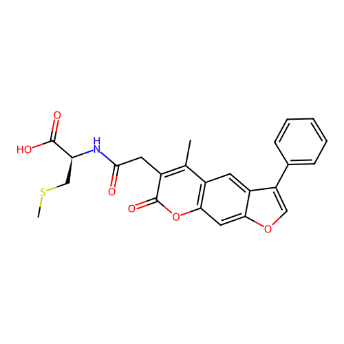 S-methyl-N-[(5-methyl-7-oxo-3-phenyl-7H-furo[3,2-g]chromen-6-yl)acetyl]-L-cysteine structure