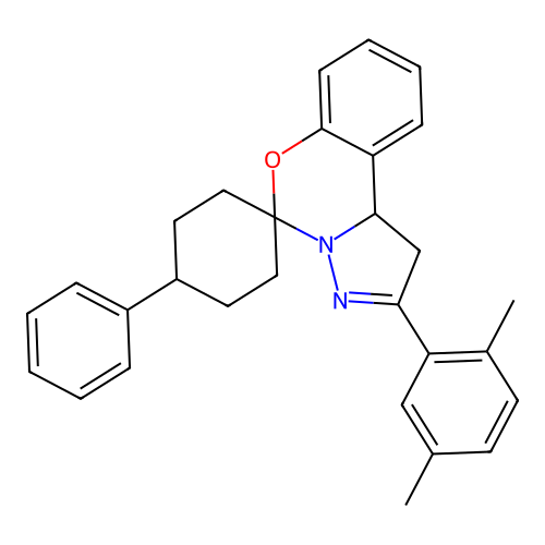 2'-(2,5-dimethylphenyl)-4-phenyl-1',10b'-dihydrospiro[cyclohexane-1,5'-pyrazolo[1,5-c][1,3]benzoxazine] structure