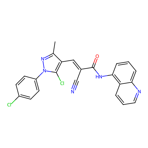 (E)-3-[5-chloro-1-(4-chlorophenyl)-3-methylpyrazol-4-yl]-2-cyano-N-quinolin-5-ylprop-2-enamide structure
