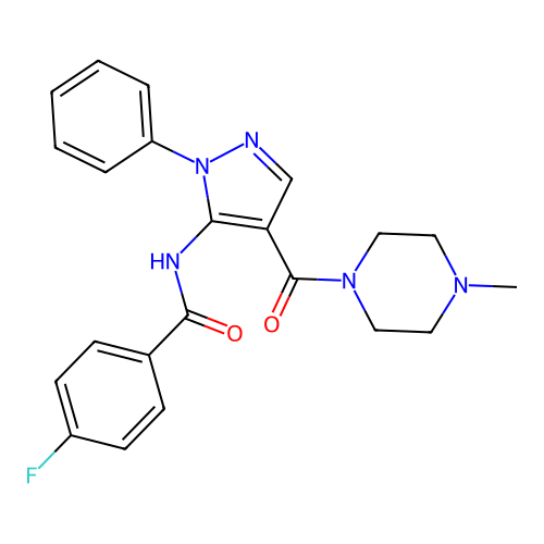4-fluoro-N-[4-(4-methylpiperazine-1-carbonyl)-2-phenylpyrazol-3-yl]benzamide structure