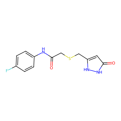 N-(4-fluorophenyl)-2-(((5-hydroxy-1H-pyrazol-3-yl)methyl)thio)acetamide structure