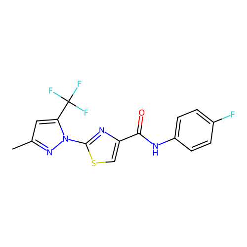 N-(4-fluorophenyl)-2-[3-methyl-5-(trifluoromethyl)-1H-pyrazol-1-yl]-1,3-thiazole-4-carboxamide structure