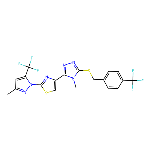 4-methyl-3-{2-[3-methyl-5-(trifluoromethyl)-1H-pyrazol-1-yl]-1,3-thiazol-4-yl}-5-{[4-(trifluoromethyl)benzyl]sulfanyl}-4H-1,2,4-triazole structure