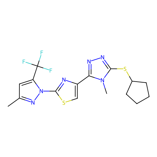 3-(cyclopentylsulfanyl)-4-methyl-5-{2-[3-methyl-5-(trifluoromethyl)-1H-pyrazol-1-yl]-1,3-thiazol-4-yl}-4H-1,2,4-triazole structure