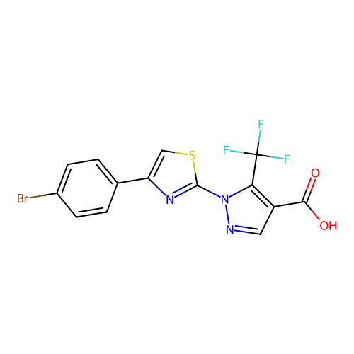 1-[4-(4-bromophenyl)-1,3-thiazol-2-yl]-5-(trifluoromethyl)-1H-pyrazole-4-carboxylic acid structure