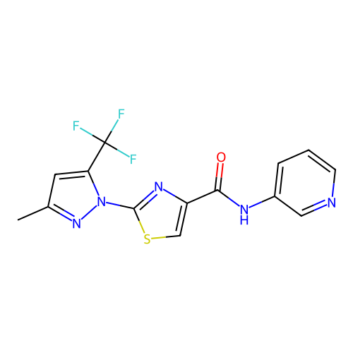 2-[3-methyl-5-(trifluoromethyl)-1H-pyrazol-1-yl]-N-(3-pyridinyl)-1,3-thiazole-4-carboxamide structure
