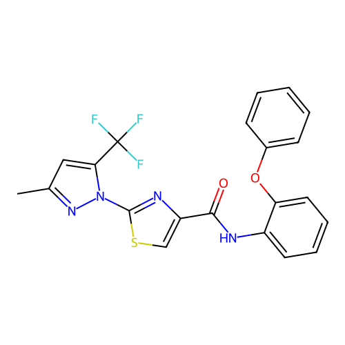 2-[3-methyl-5-(trifluoromethyl)-1H-pyrazol-1-yl]-N-(2-phenoxyphenyl)-1,3-thiazole-4-carboxamide structure