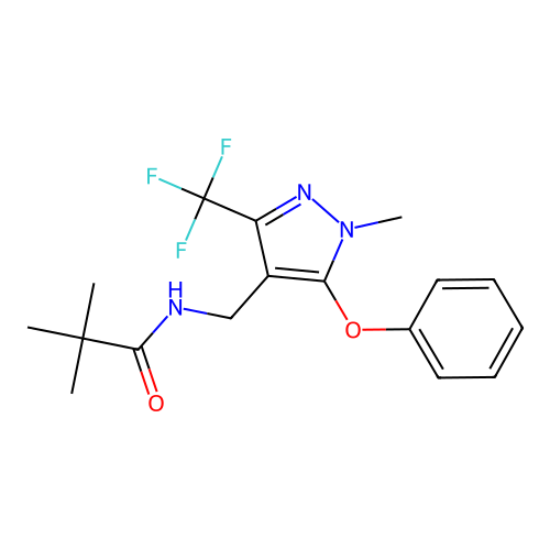 2,2-dimethyl-N-{[1-methyl-5-phenoxy-3-(trifluoromethyl)-1H-pyrazol-4-yl]methyl}propanamide structure