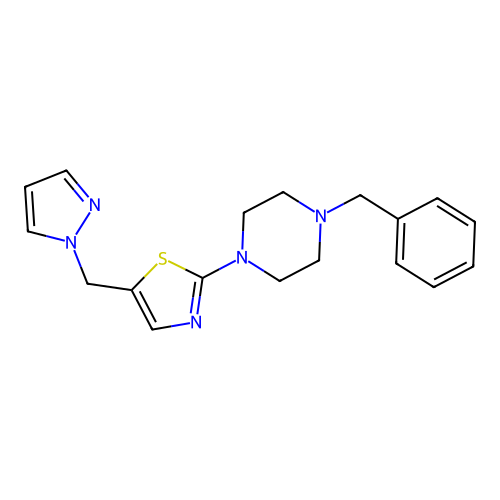 1-benzyl-4-[5-(1H-pyrazol-1-ylmethyl)-1,3-thiazol-2-yl]piperazine structure