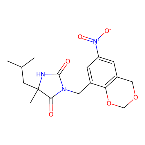 5-Isobutyl-5-methyl-3-((6-nitro-4H-benzo[d][1,3]dioxin-8-yl)methyl)imidazolidine-2,4-dione structure