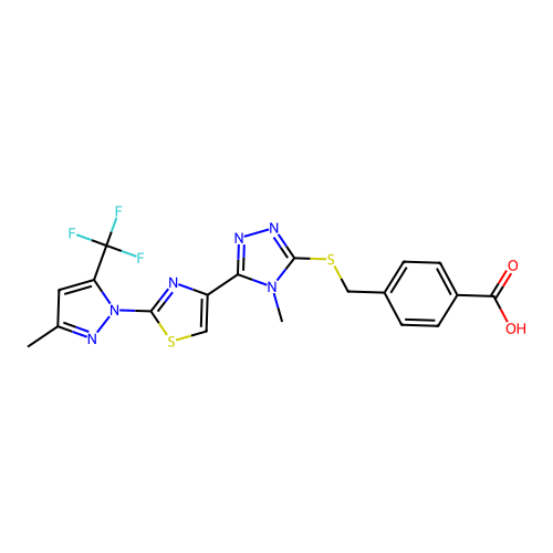 4-{[(4-methyl-5-{2-[3-methyl-5-(trifluoromethyl)-1H-pyrazol-1-yl]-1,3-thiazol-4-yl}-4H-1,2,4-triazol-3-yl)sulfanyl]methyl}benzenecarboxylic acid structure