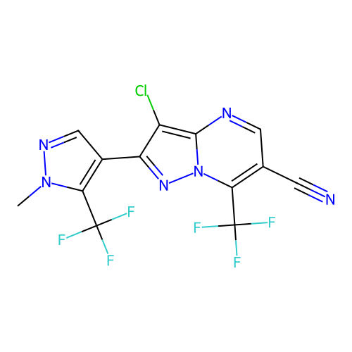 3-chloro-2-[1-methyl-5-(trifluoromethyl)-1H-pyrazol-4-yl]-7-(trifluoromethyl)pyrazolo[1,5-a]pyrimidine-6-carbonitrile structure