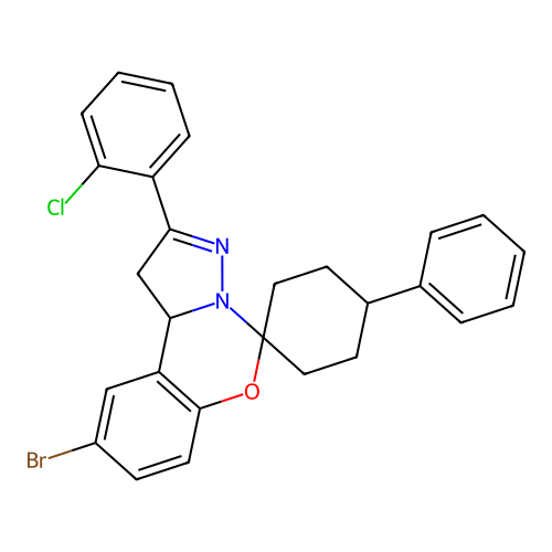 9'-bromo-2'-(2-chlorophenyl)-4-phenyl-1',10b'-dihydrospiro[cyclohexane-1,5'-pyrazolo[1,5-c][1,3]benzoxazine] structure