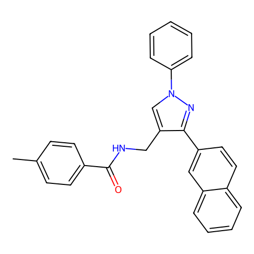 4-methyl-N-{[3-(2-naphthyl)-1-phenyl-1H-pyrazol-4-yl]methyl}benzenecarboxamide structure