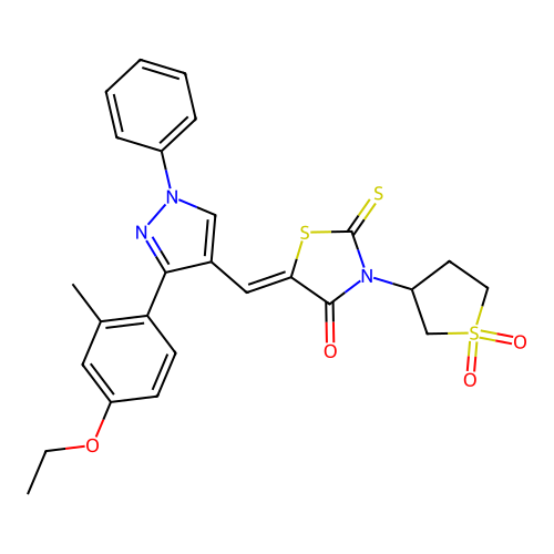 (5Z)-3-(1,1-dioxidotetrahydrothiophen-3-yl)-5-{[3-(4-ethoxy-2-methylphenyl)-1-phenyl-1H-pyrazol-4-yl]methylidene}-2-thioxo-1,3-thiazolidin-4-one structure