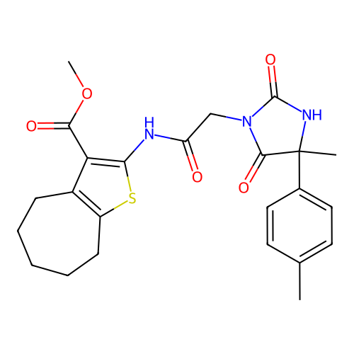 4H-Cyclohepta[b]thiophene-3-carboxylic acid, 5,6,7,8-tetrahydro-2-[[2-[4-methyl-4-(4-methylphenyl)-2,5-dioxo-1-imidazolidinyl]acetyl]amino]-, methyl ester structure