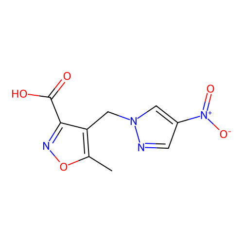 5-methyl-4-[(4-nitro-1H-pyrazol-1-yl)methyl]isoxazole-3-carboxylic acid structure