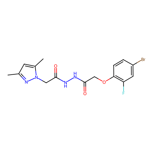 N'-[2-(4-bromo-2-fluorophenoxy)acetyl]-2-(3,5-dimethylpyrazol-1-yl)acetohydrazide structure