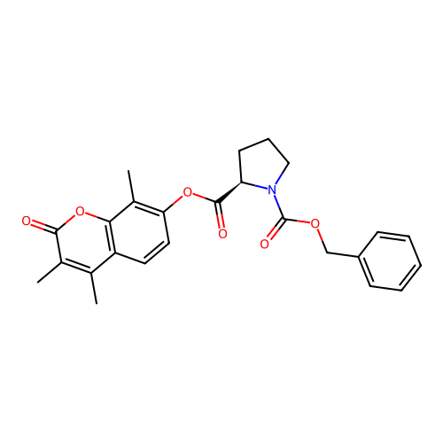 (R)-1-benzyl 2-(3,4,8-trimethyl-2-oxo-2H-chromen-7-yl) pyrrolidine-1,2-dicarboxylate structure