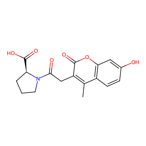 1-[(7-hydroxy-4-methyl-2-oxo-2H-chromen-3-yl)acetyl]-L-proline structure