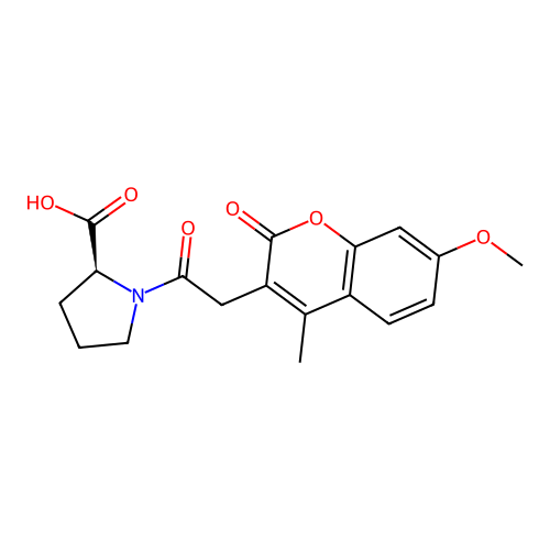 (S)-1-(2-(7-methoxy-4-methyl-2-oxo-2H-chromen-3-yl)acetyl)pyrrolidine-2-carboxylic acid structure