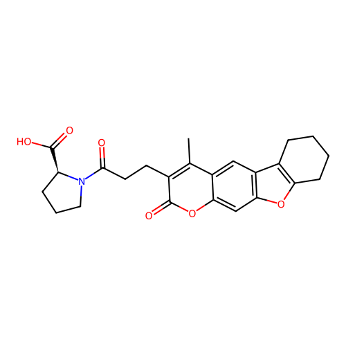 (2S)-1-[3-(4-methyl-2-oxo-6,7,8,9-tetrahydro-[1]benzofuro[3,2-g]chromen-3-yl)propanoyl]pyrrolidine-2-carboxylic acid structure
