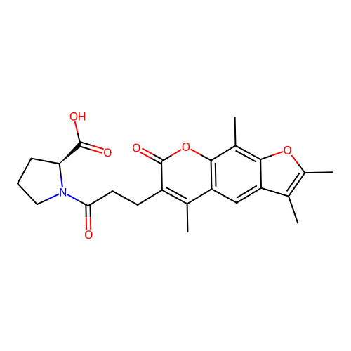 (S)-1-(3-(2,3,5,9-tetramethyl-7-oxo-7H-furo[3,2-g]chromen-6-yl)propanoyl)pyrrolidine-2-carboxylic acid structure