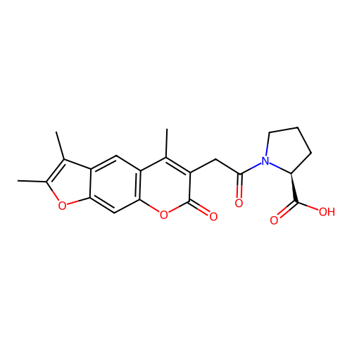 1-[(2,3,5-trimethyl-7-oxo-7H-furo[3,2-g]chromen-6-yl)acetyl]-L-proline structure