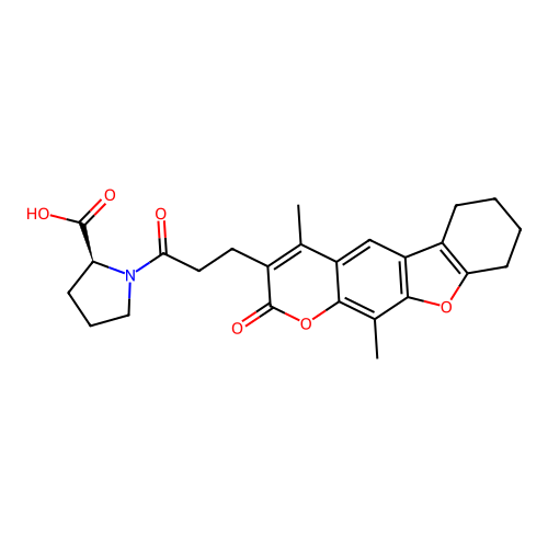(2S)-1-[3-(4,11-dimethyl-2-oxo-6,7,8,9-tetrahydro-[1]benzofuro[3,2-g]chromen-3-yl)propanoyl]pyrrolidine-2-carboxylic acid structure