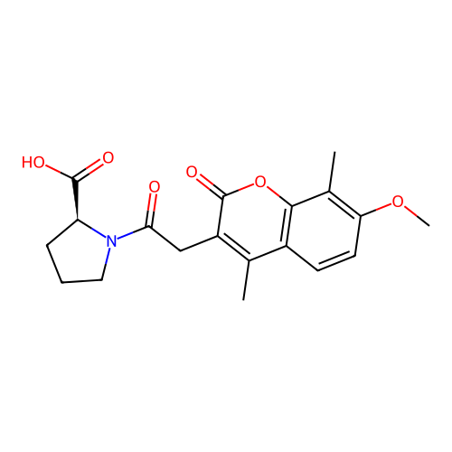 (S)-1-(2-(7-methoxy-4,8-dimethyl-2-oxo-2H-chromen-3-yl)acetyl)pyrrolidine-2-carboxylic acid structure