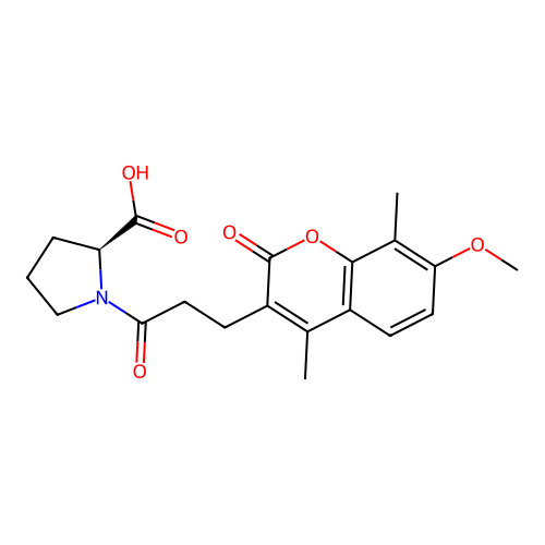 (S)-1-(3-(7-methoxy-4,8-dimethyl-2-oxo-2H-chromen-3-yl)propanoyl)pyrrolidine-2-carboxylic acid structure