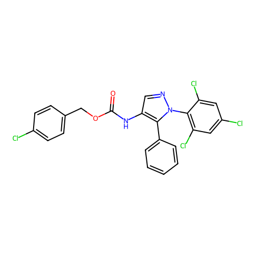 (4-chlorophenyl)methyl N-[5-phenyl-1-(2,4,6-trichlorophenyl)pyrazol-4-yl]carbamate structure