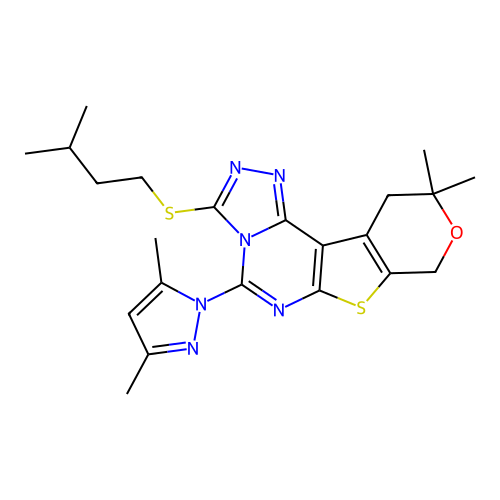 5-(3,5-dimethyl-1H-pyrazol-1-yl)-10,10-dimethyl-3-[(3-methylbutyl)sulfanyl]-10,11-dihydro-8H-pyrano[4',3':4,5]thieno[3,2-e][1,2,4]triazolo[4,3-c]pyrimidine structure