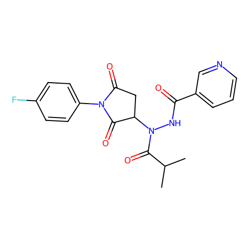 N'-[1-(4-fluorophenyl)-2,5-dioxopyrrolidin-3-yl]-N'-(2-methylpropanoyl)pyridine-3-carbohydrazide structure