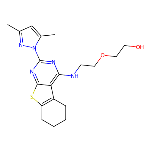 2-(2-((2-(3,5-dimethyl-1H-pyrazol-1-yl)-5,6,7,8-tetrahydrobenzo[4,5]thieno[2,3-d]pyrimidin-4-yl)amino)ethoxy)ethanol structure