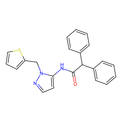 2,2-diphenyl-N-{1-[(thiophen-2-yl)methyl]-1H-pyrazol-5-yl}acetamide structure