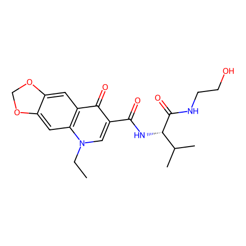 (S)-5-ethyl-N-(1-((2-hydroxyethyl)amino)-3-methyl-1-oxobutan-2-yl)-8-oxo-5,8-dihydro-[1,3]dioxolo[4,5-g]quinoline-7-carboxamide structure