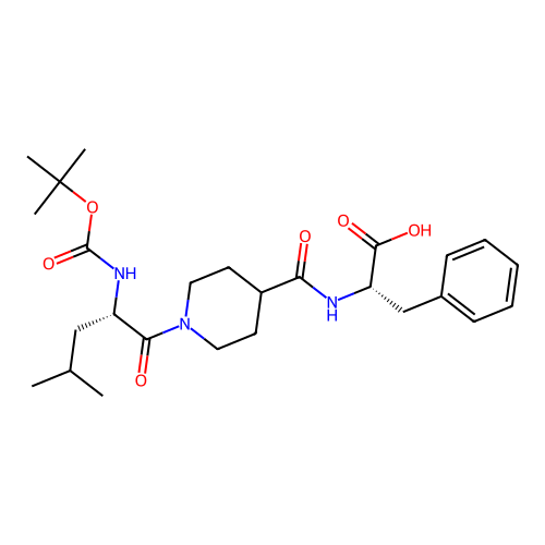 (1-((tert-Butoxycarbonyl)-L-leucyl)piperidine-4-carbonyl)-L-phenylalanine structure