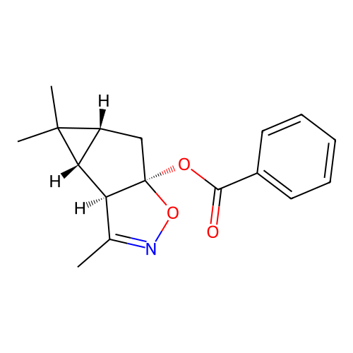 (3aR,3bR,4aR,5aR)-3,4,4-trimethyl-3a,3b,4,4a,5,5a-hexahydrocyclopropa[4,5]cyclopenta[1,2-d]isoxazol-5a-yl benzoate structure
