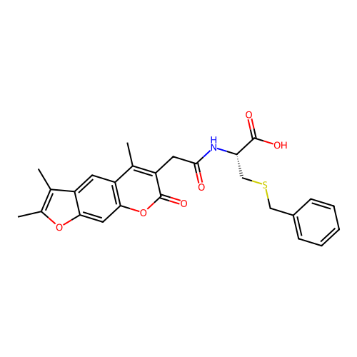 (R)-3-(benzylthio)-2-(2-(2,3,5-trimethyl-7-oxo-7H-furo[3,2-g]chromen-6-yl)acetamido)propanoic acid structure