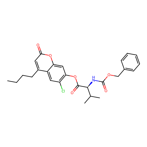 (S)-4-butyl-6-chloro-2-oxo-2H-chromen-7-yl 2-(((benzyloxy)carbonyl)amino)-3-methylbutanoate structure