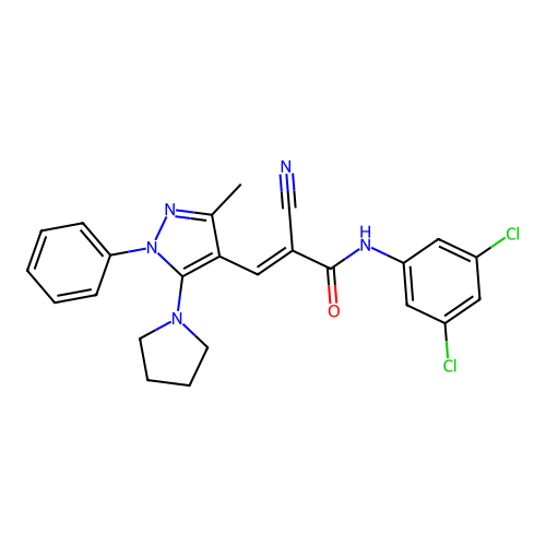 (E)-2-cyano-N-(3,5-dichlorophenyl)-3-(3-methyl-1-phenyl-5-pyrrolidin-1-ylpyrazol-4-yl)prop-2-enamide structure