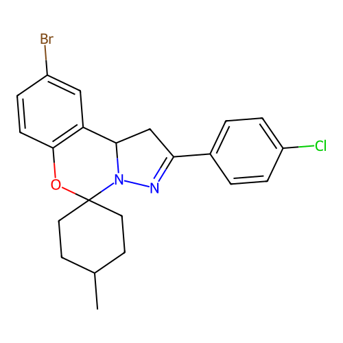 2-bromo-9-(4-chlorophenyl)-14-methylspiro[10aH-benzo[e]2-pyrazolino[1,5-c]1,3-oxazine-6,4'-cyclohexane] structure