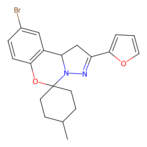 2-bromo-9-(2-furyl)-14-methylspiro[10aH-benzo[e]2-pyrazolino[1,5-c]1,3-oxazine -6,4'-cyclohexane] structure