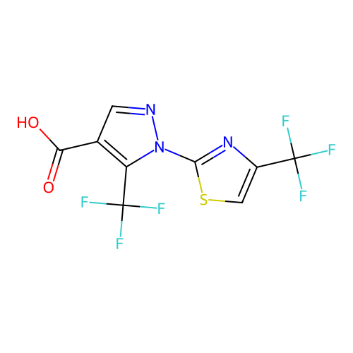 5-(trifluoromethyl)-1-[4-(trifluoromethyl)-1,3-thiazol-2-yl]-1H-pyrazole-4-carboxylic acid structure
