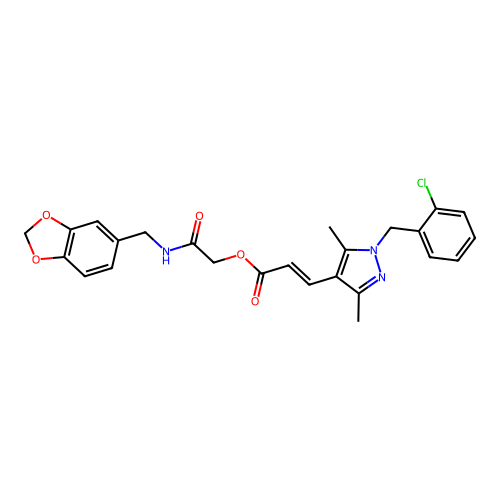 2-[(1,3-Benzodioxol-5-ylmethyl)amino]-2-oxoethyl (2E)-3-[1-[(2-chlorophenyl)methyl]-3,5-dimethyl-1H-pyrazol-4-yl]-2-propenoate structure
